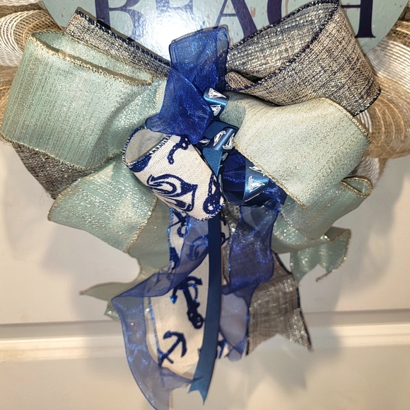 Beach Wreath Sailboat Deco Mesh Bow Coastal Navy Teal Sand - Picture 4 of 4